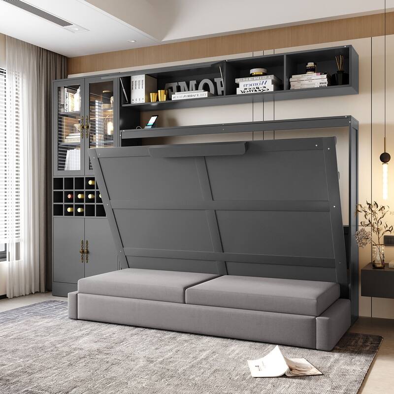 Space-Saving Full Size Murphy Bed with Sofa, Shelves, USB & Light in Gray