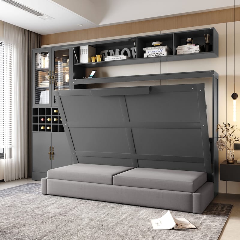 Wood Wall Murphy Bed Frame with Couch, USB and Light, Foldable Wall Platform Bed with All-in-One Storage Cabinet