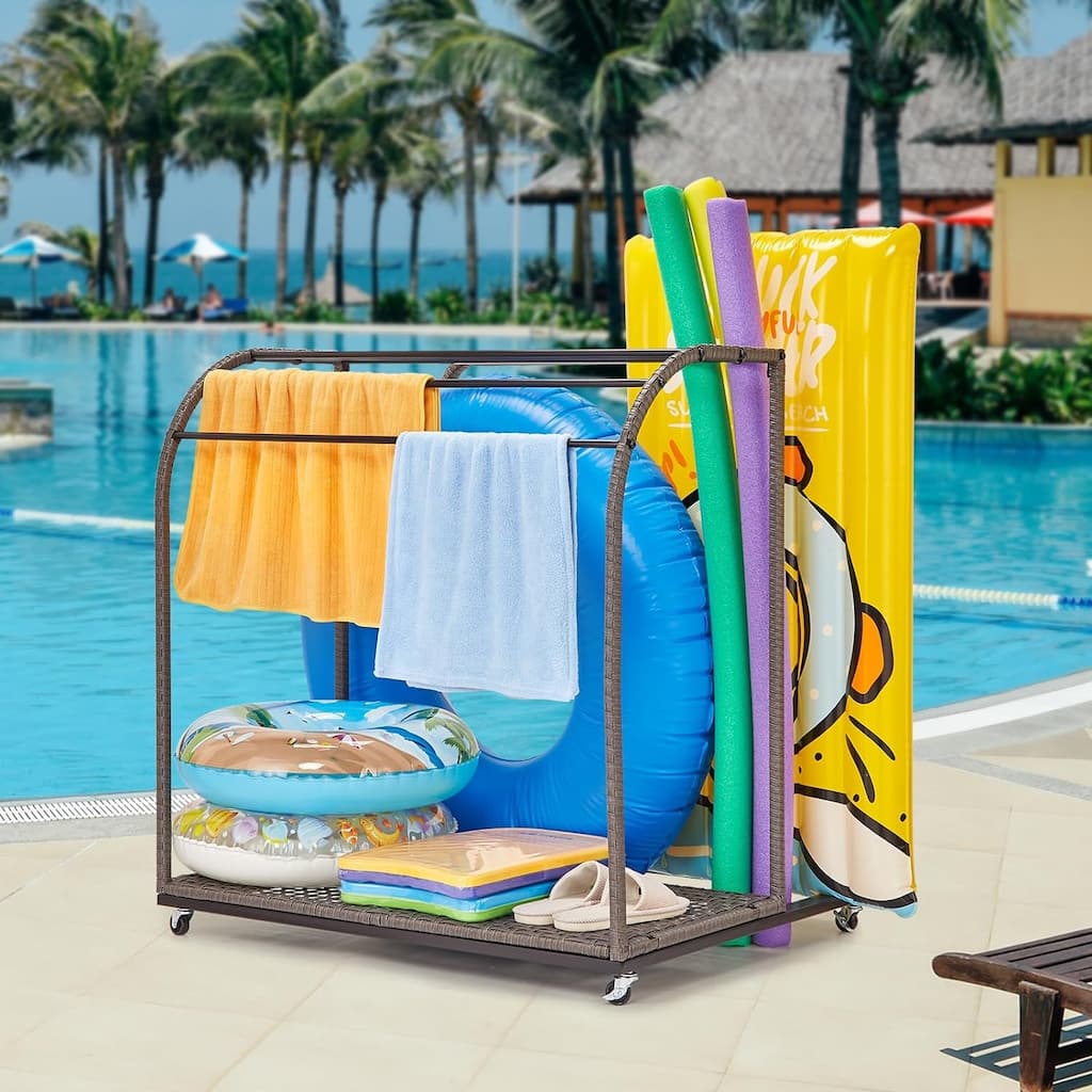 Pool Towel Rack Outdoor with Rattan 5 Bar Free Standing Poolside