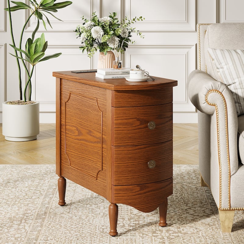 Rossetta Vintage Style Slim Narrow End Table with Convenient Charging Station and Deep Drawers, Easy Assembly