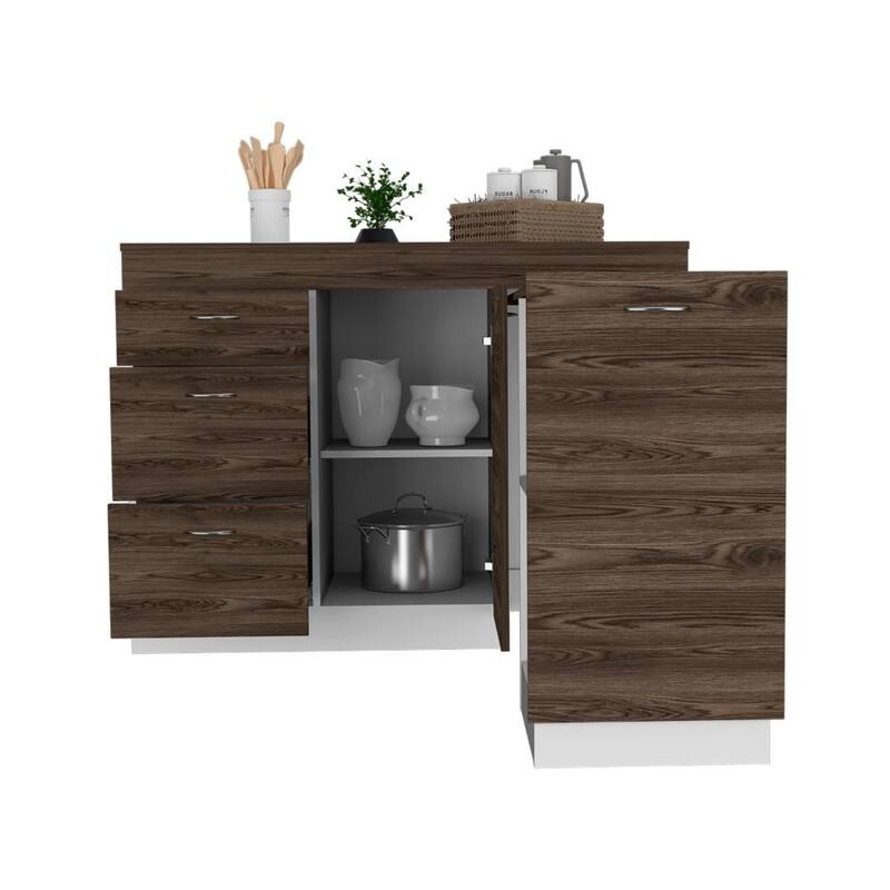 White & Dark Walnut Kitchen Base Cabinet with 3 Drawers, 2 Shelves & Expandable Top Surface