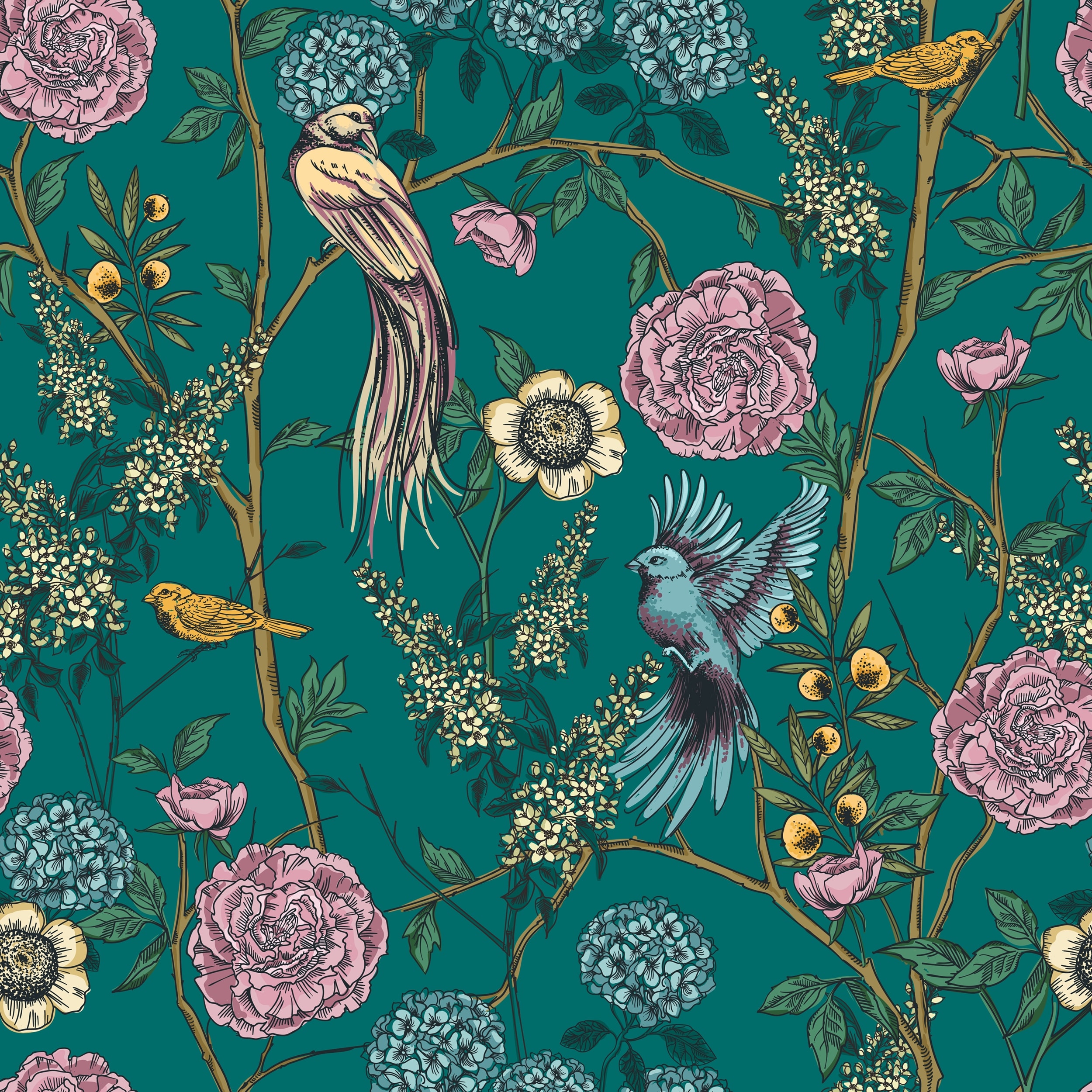 Pine Floral And Birds Wallpaper 10 Ft H X 24 Inch W Overstock 31701831