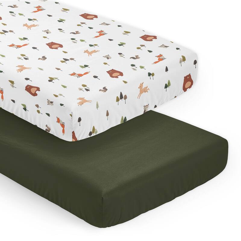 Sweet Jojo Designs Woodland Animals Boy, Girl, Unisex/Gender Neutral 2 Pack Baby Bassinet Fitted Sheets - Solid Green and Forest