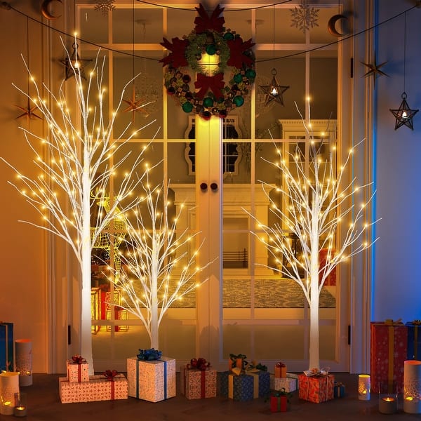 slide 2 of 19, 4FT & 5FT & 6FT Birch Christmas Tree Set, LED Lighted, Pack of 3