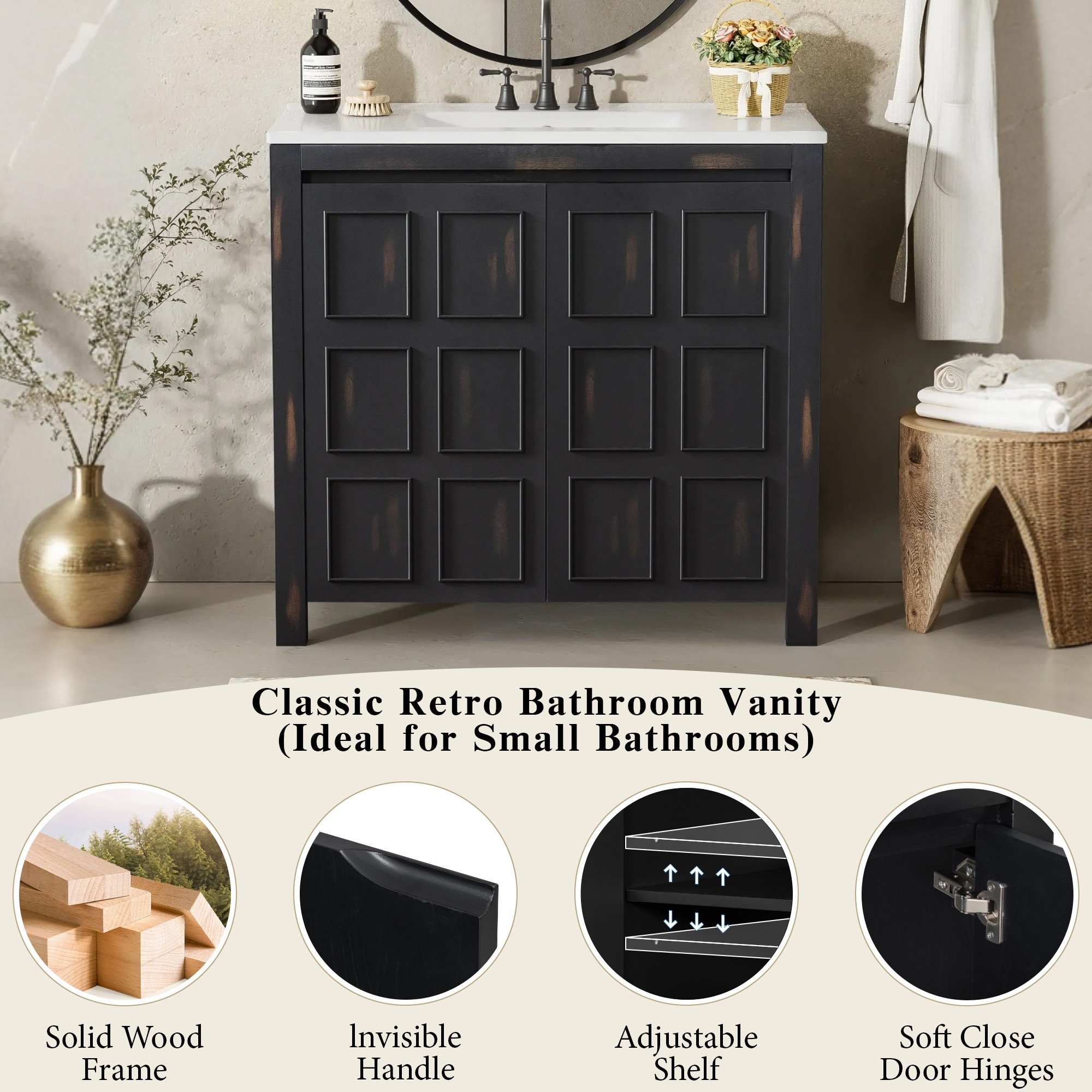 Retro 36" Bath Vanity Base and Ceramic Sink Set, Bathroom Storage Cabinet - 36 Inch