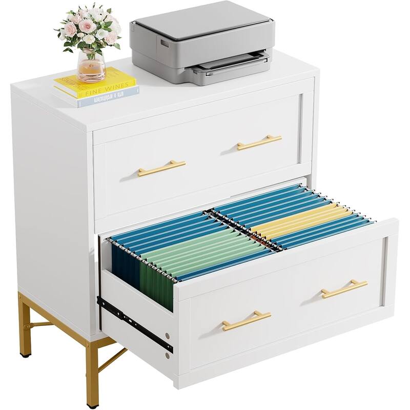 31.49-Inches Modern White & Gold 2-Drawer Lateral File Cabinet, Wood Filing Storage Cabinet