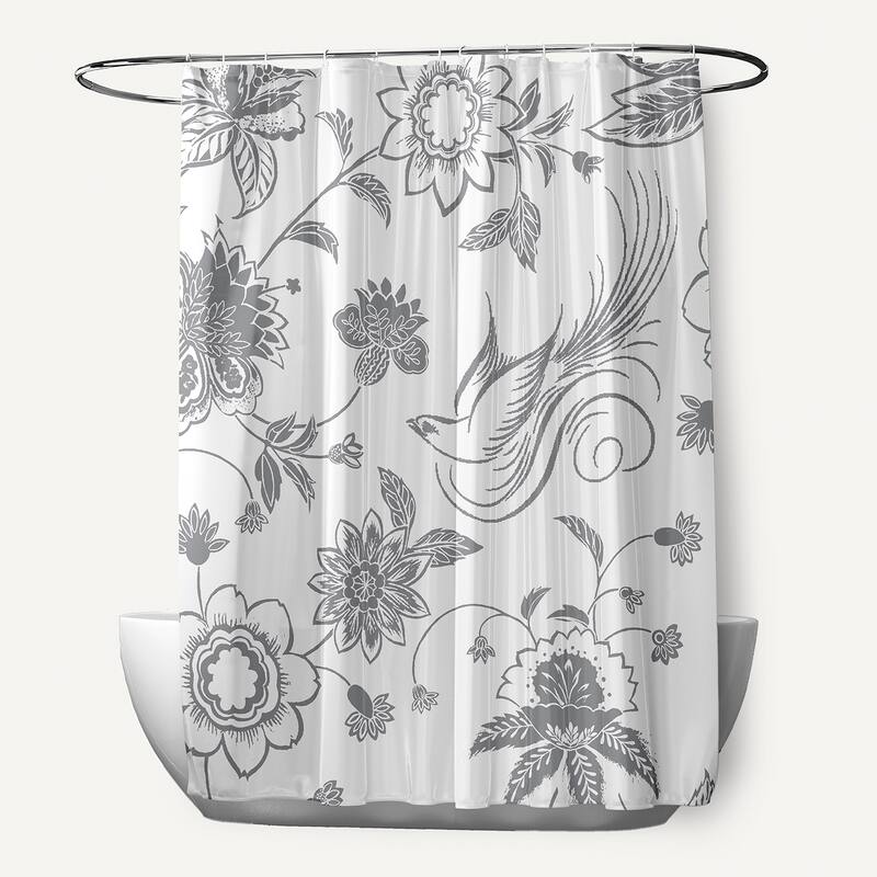 71 x 74-inch Traditional Bird Floral Print Shower Curtain - Grey