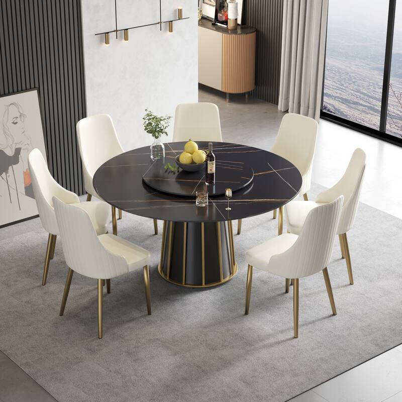 Round Metal Pedestal Dining Table Round Sintered Stone Table with Lazy Susan