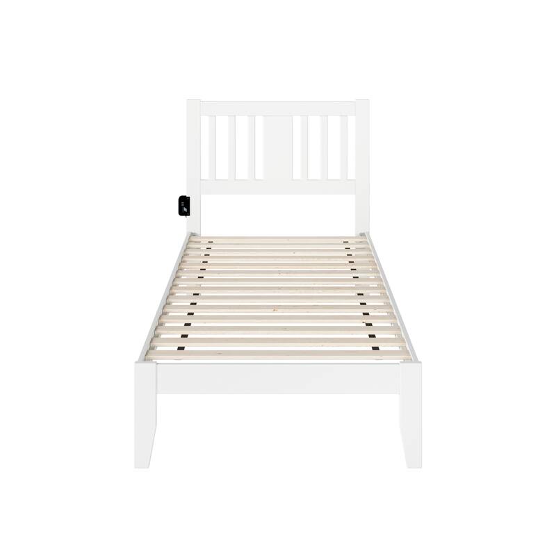 Twin XL Bed with Drawer & USB Charger - Solid Wood Platform Bed Frame, Walnut Finish, Slat Kit Included