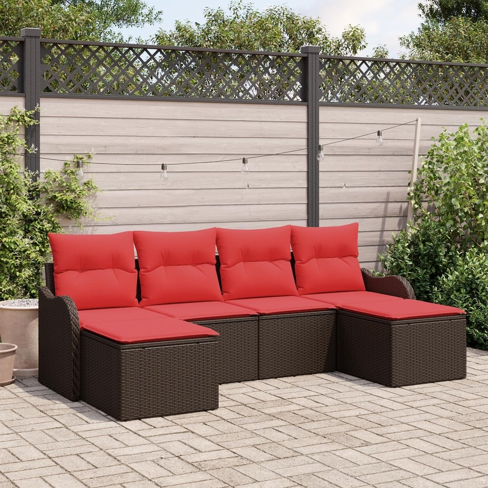 vidaXL 6 Garden Sofa Set with Cushions Black/Brown/Grey Poly Rattan - 90.9 x 24.4 x 27.2