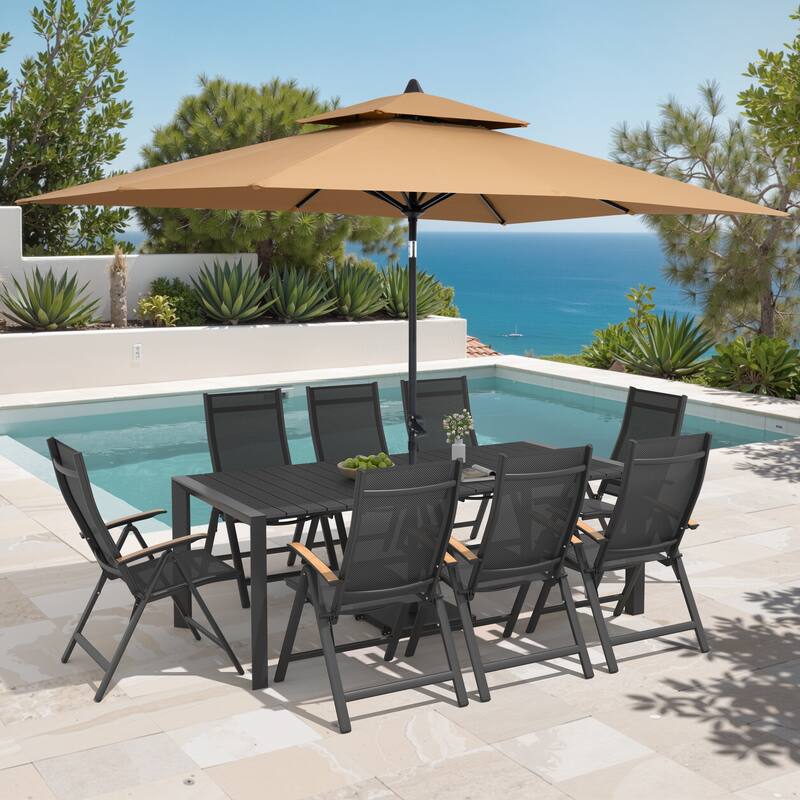 9/11-Piece Outdoor Patio Dining Set Aluminum Dining Table and Chairs w/10 ft Market Umbrella and Base with Wheels - Set of 11 - Black Table with Tan Umbrella