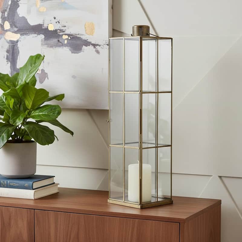 31" Gold Distressed Geometric Metal Tabletop Lantern Candle Holder - Gold