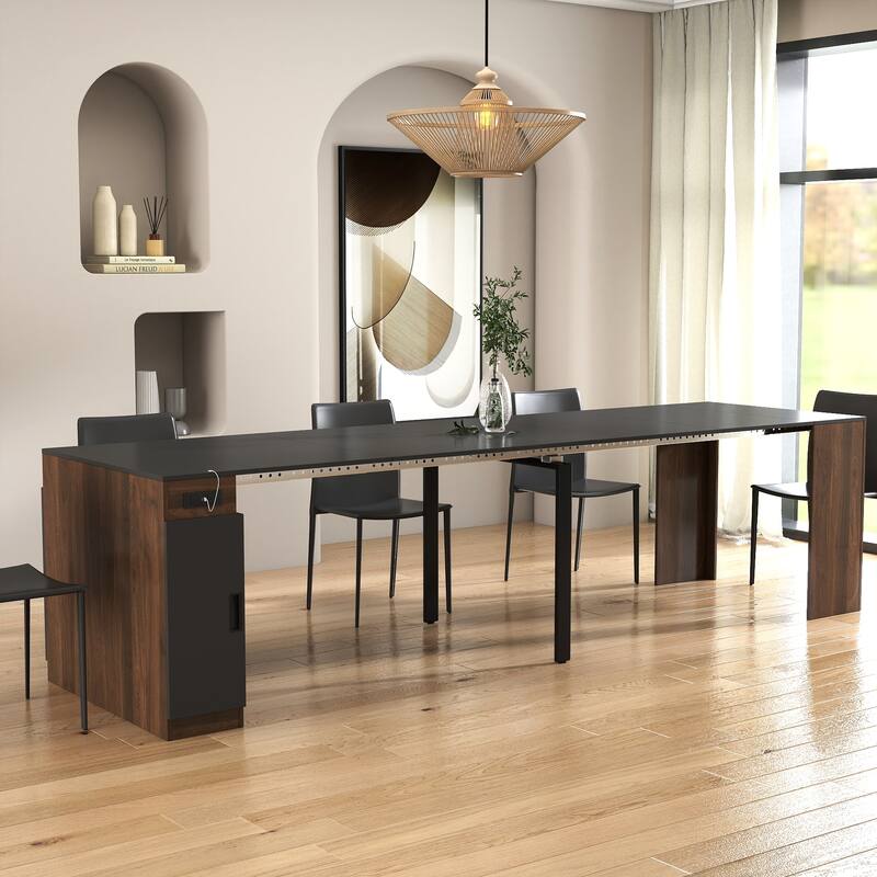 Modern Extendable Dining Table with Outlet & Storage, Space-Saving Expanding Table for Party & Meetings