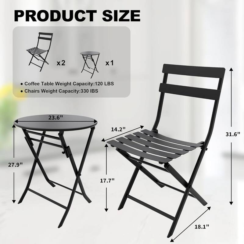 3 Pieces Patio Foldable Round Table and 2 Chairs