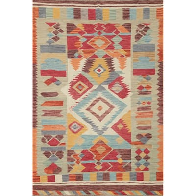Hand Woven Oriental 100% Wool Carpet Southwestern Tribal Multi-Colored Kilim Area Rug - 5' 10'' X 4' 1''