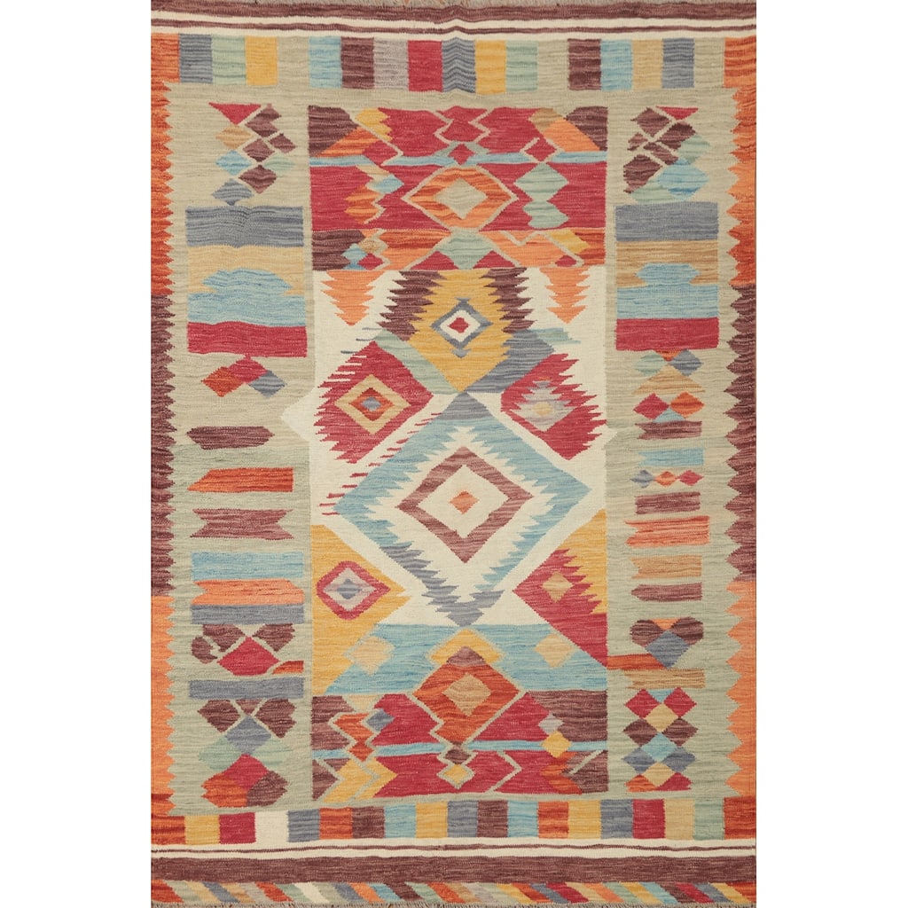 Hand Woven Oriental 100% Wool Carpet Southwestern Tribal Multi-Colored Kilim Area Rug - 5' 10'' X 4' 1''
