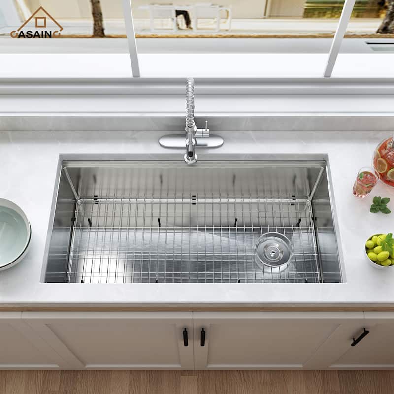 36 in. Undermount Single Bowl 18 Gauge Brushed Stainless Steel Workstation Kitchen Sink with Sliding-Accessories