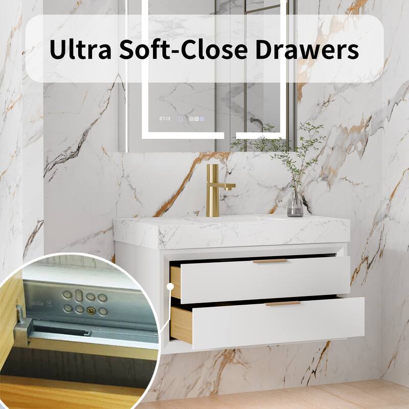 Modland 36" Wall-Mount Vanity with LED Light & 2 Soft-Close Drawers - Solid Oak, Black,White,Blue,Green - 36 inch