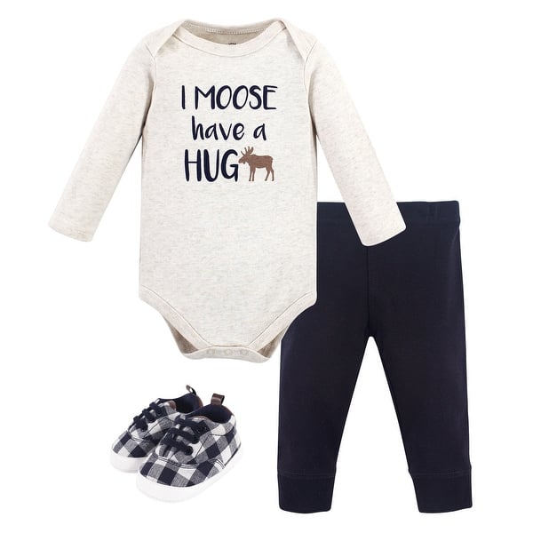 slide 1 of 1, Little Treasure Baby Boy Cotton Bodysuit, Pant and Shoe 3pc Set, Moose Hug 0-3 Months - Moose Hug