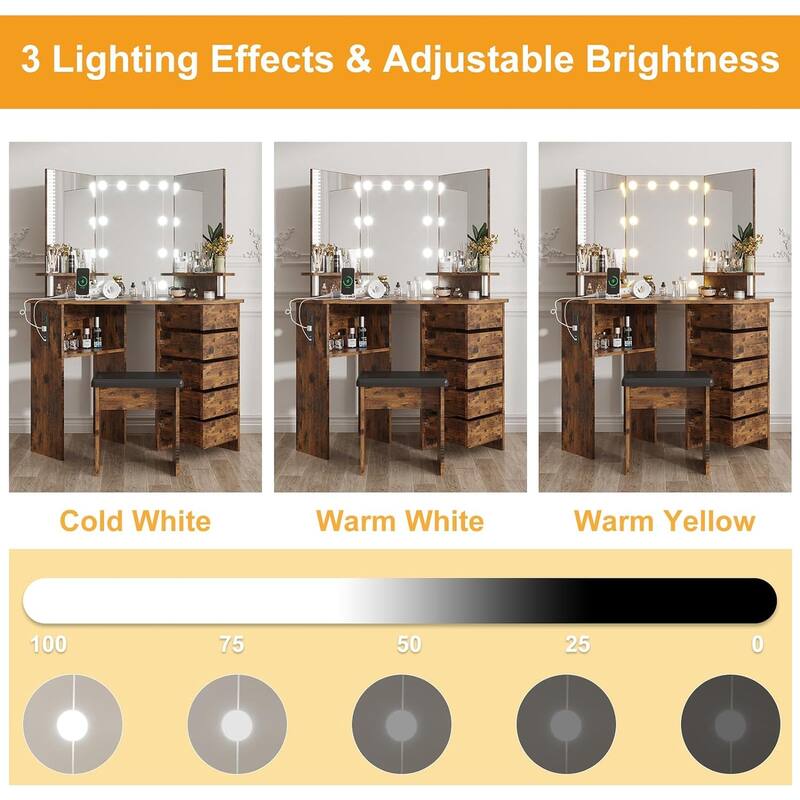 Makeup Vanity Desk with Lights & Power Outlet, Corner Vanity Table with 5 Rotating Drawers