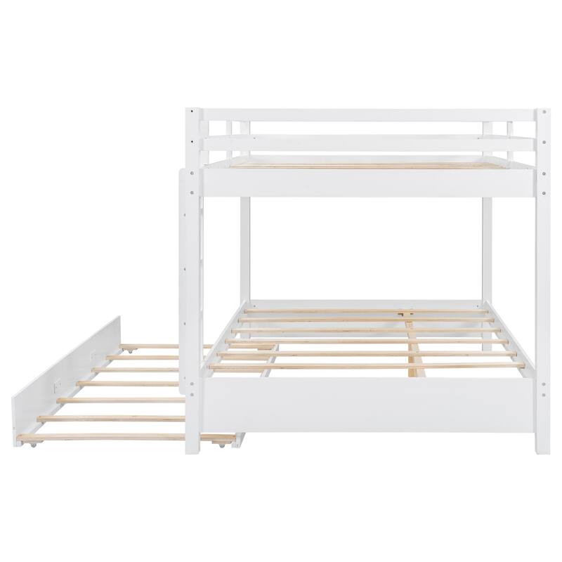 Wood Queen Size Bunk Bed with Ladder and Trundle