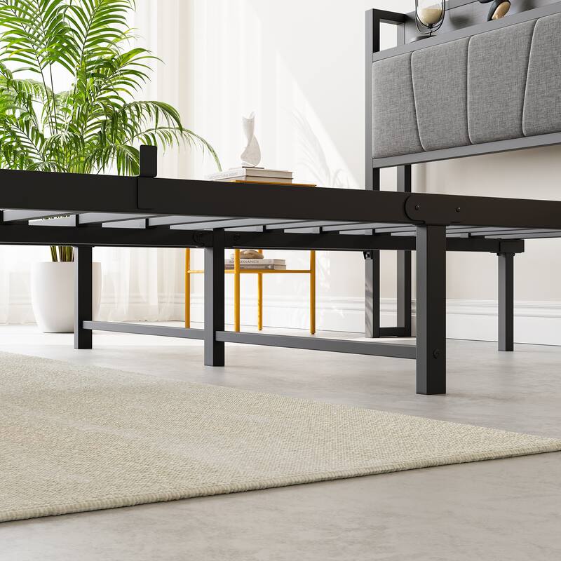 Queen/Full/Twin Size Bed Frame with Storage Headboard and Charging Station, Noise Free