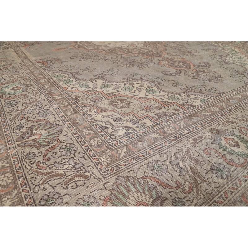 Gray Geometric Tabriz Persian Area Rug Hand-Knotted Wool Carpet - 9'1"x 12'9"