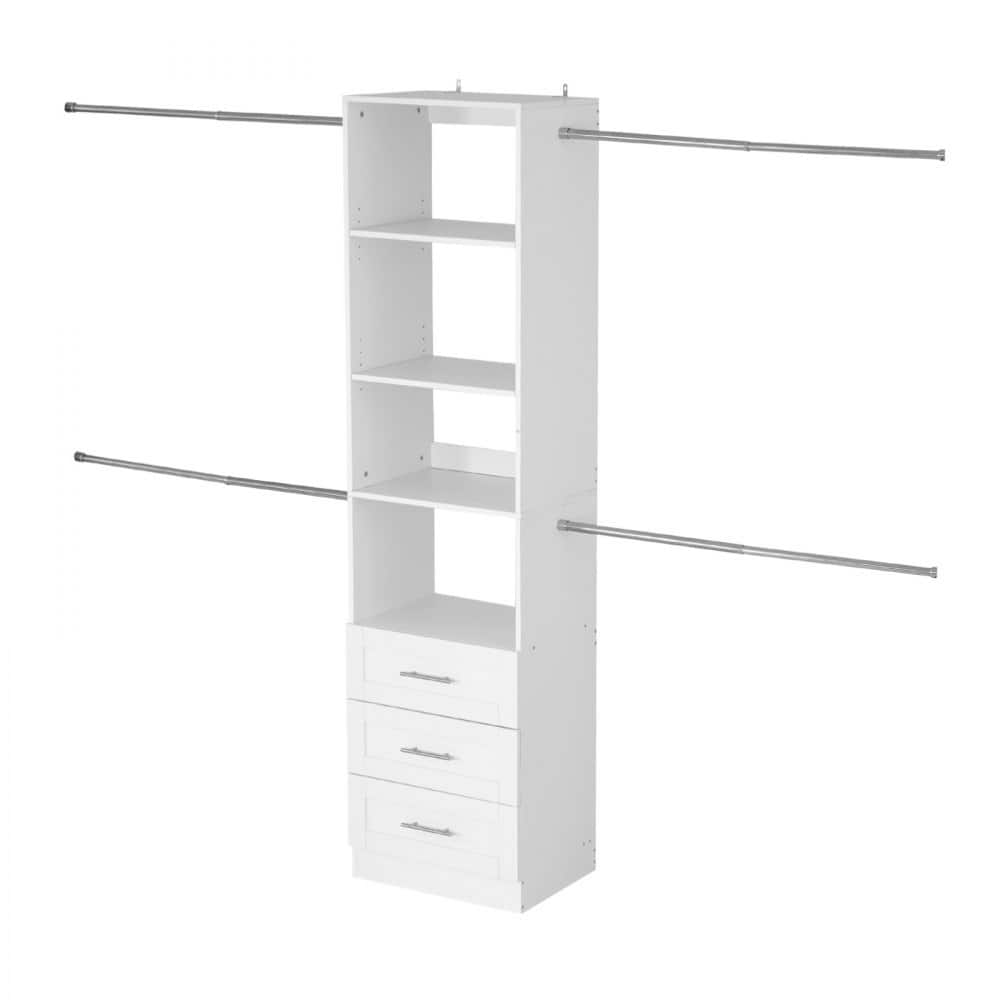 Large White Closet Organizer with 11 Compartments Adjustable Rods and Pull-Out Drawers - 65.8” - 100.8” x 15” x 81”