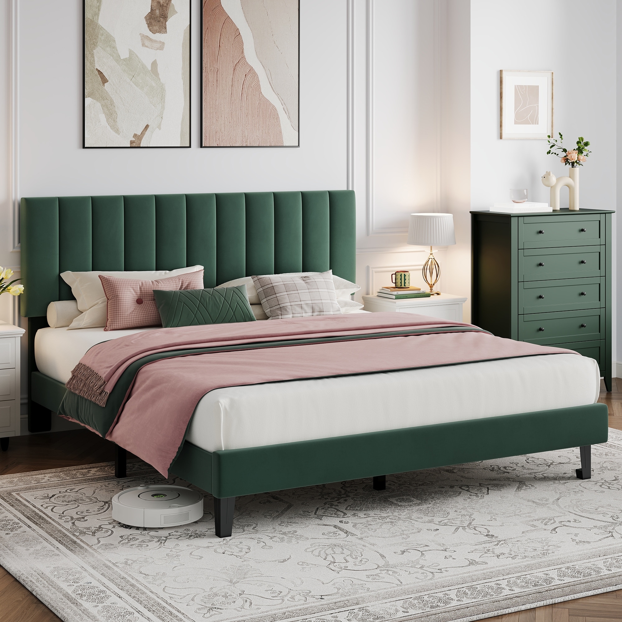 Bed Frame with Adjustable Velvet Upholstered Headboard, Vertical Channel Tufted Platform Bed Frame