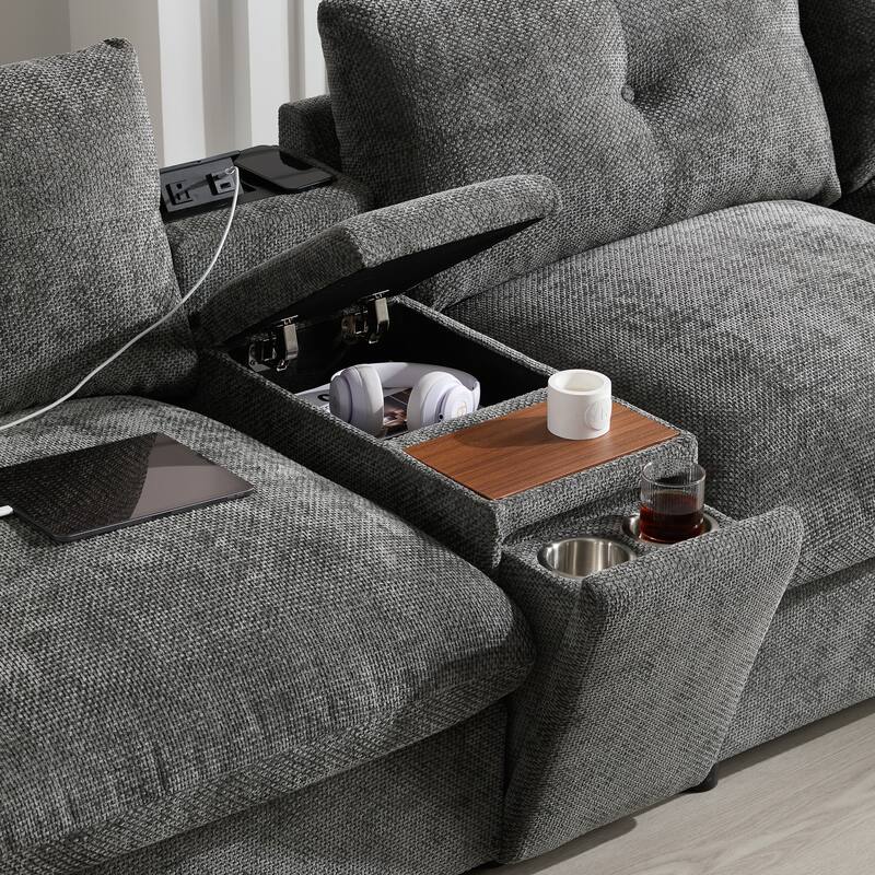 Roomfitters 136'' Modular U-Shaped Sectional Sofa with Console, Cup Holder, USB, Storage Ottoman, Chenille