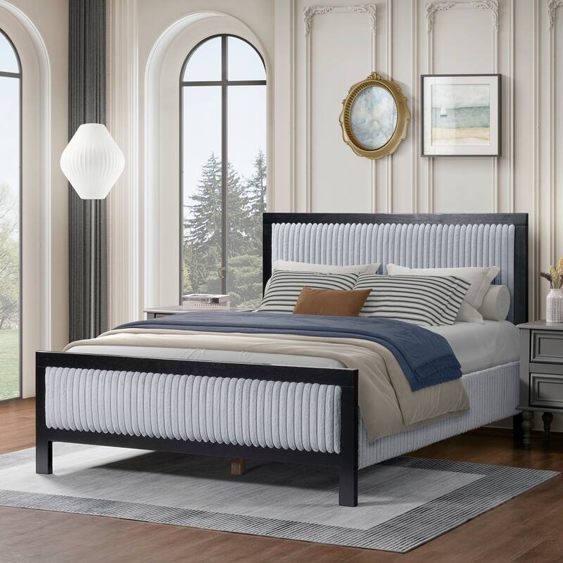 Upholstered Platform Bed Frame with Light Grey Fluffy Headboard and Footboard, Wooden Slats Support