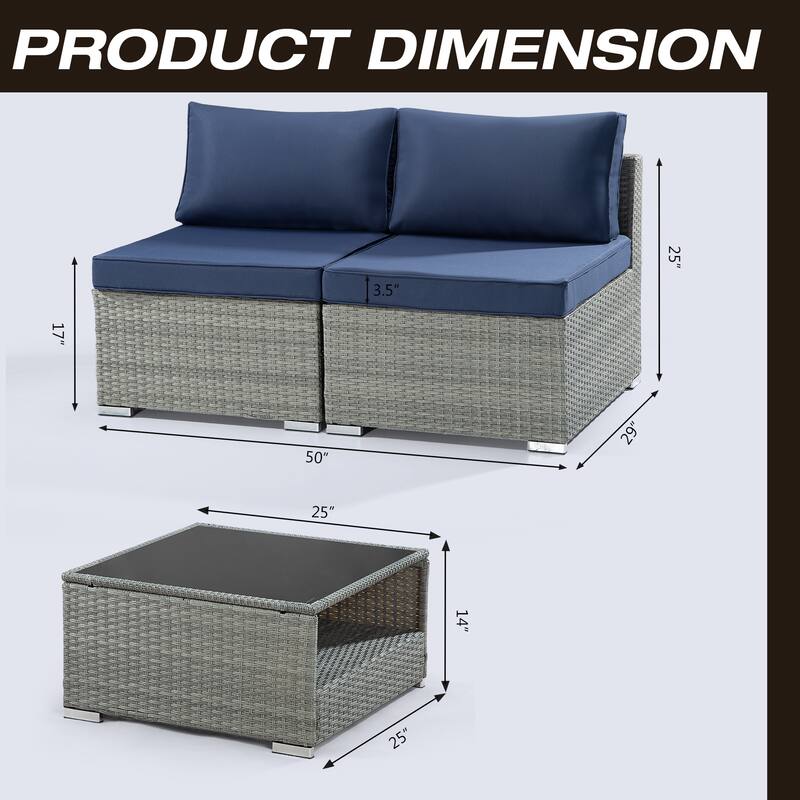 3-Piece Wicker Outdoor Patio Furniture Sectional Conversation Set with Cushion and Side Table