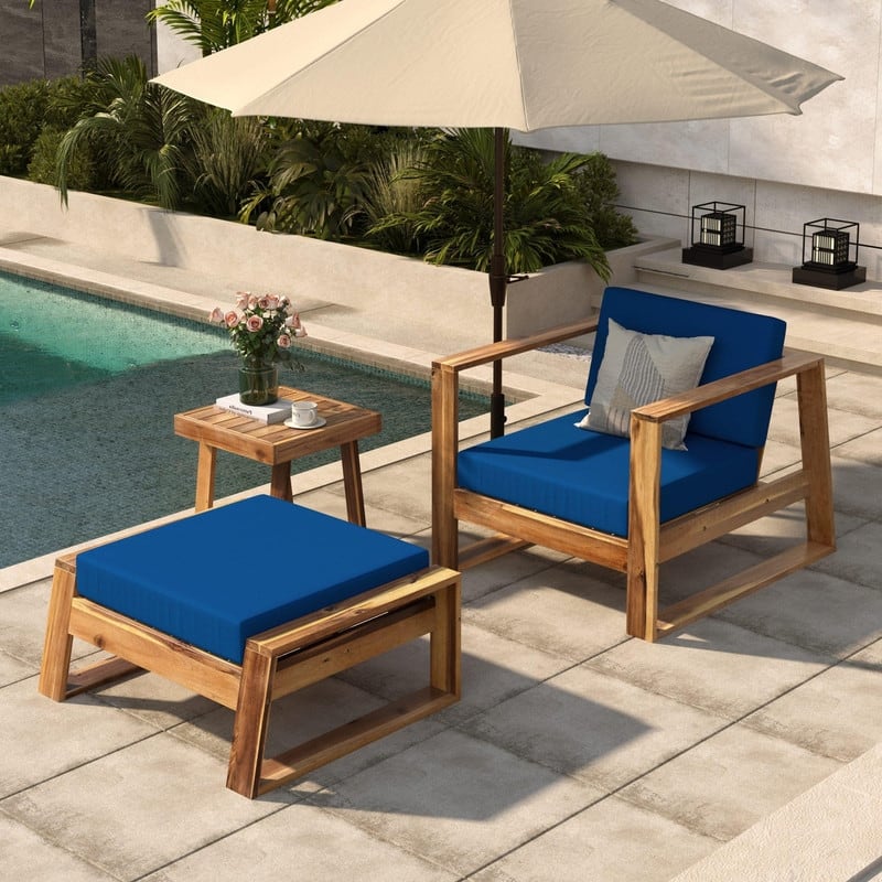 3-Piece Acacia Wood Outdoor Lounge Set with Chair and Ottoman for Patios Balconies and Gardens - Blue