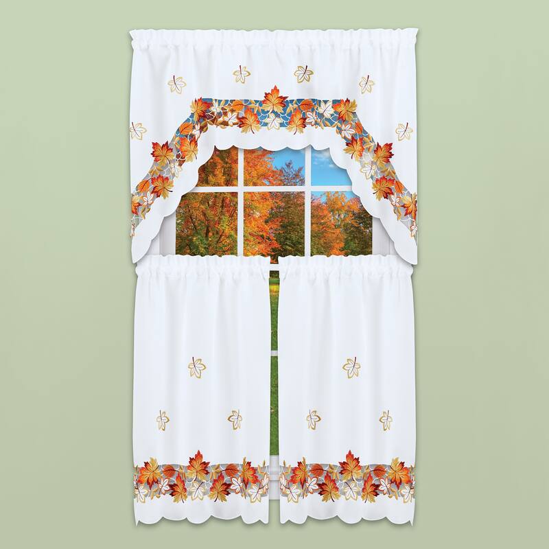 Fall Leaves Cut-Out Scalloped Edge Kitchen Curtains