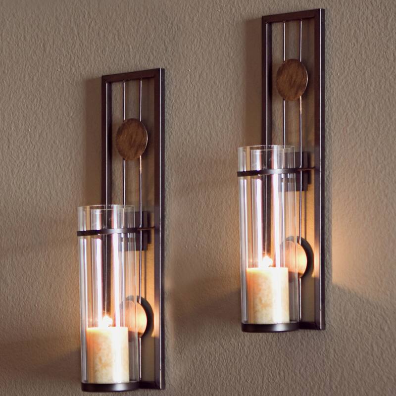 Medallions Wall Sconce Candle Holders - 16" - Antique Patina Finish - Set of 2