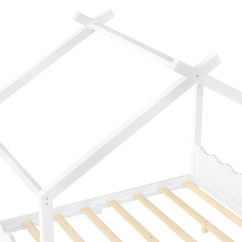 Full House Floor Bed with Support Slats, Solid Wood House Bed Frame for Kids, No Box Spring Needed