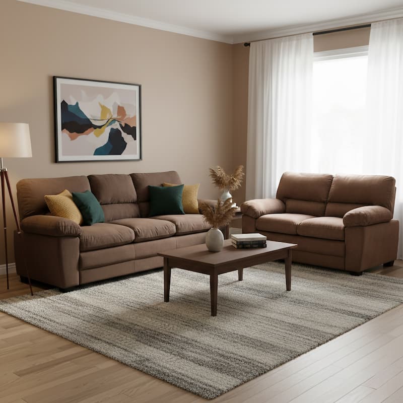 Contemporary Pillow Top Upholstered Living Room Sofa Set - Brown - 2 Piece