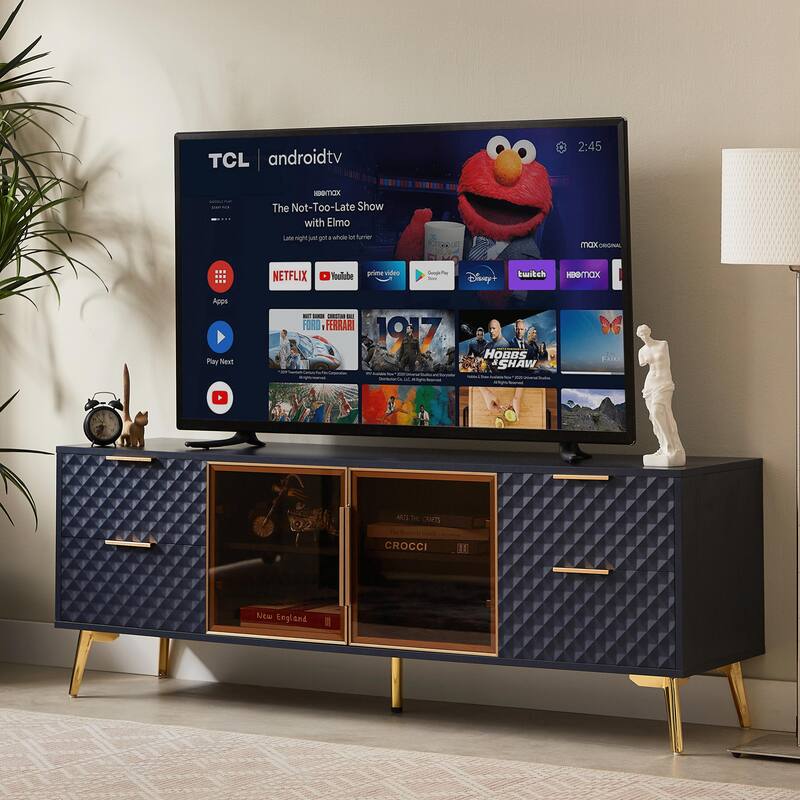 Modern TV Stand with Storage Drawers & Glass Doors