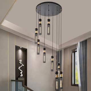 Black and Gold Industrial 9-Light Pendant Chandelier, Adjustable Ceiling Light with Mesh Cylinder Shades