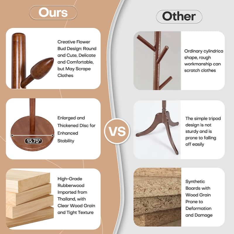 Rubberwood Freestanding Coat Rack, Coat Tree with 8 Bud-shaped Hooks - 15.75"Dia. x 72.44"H