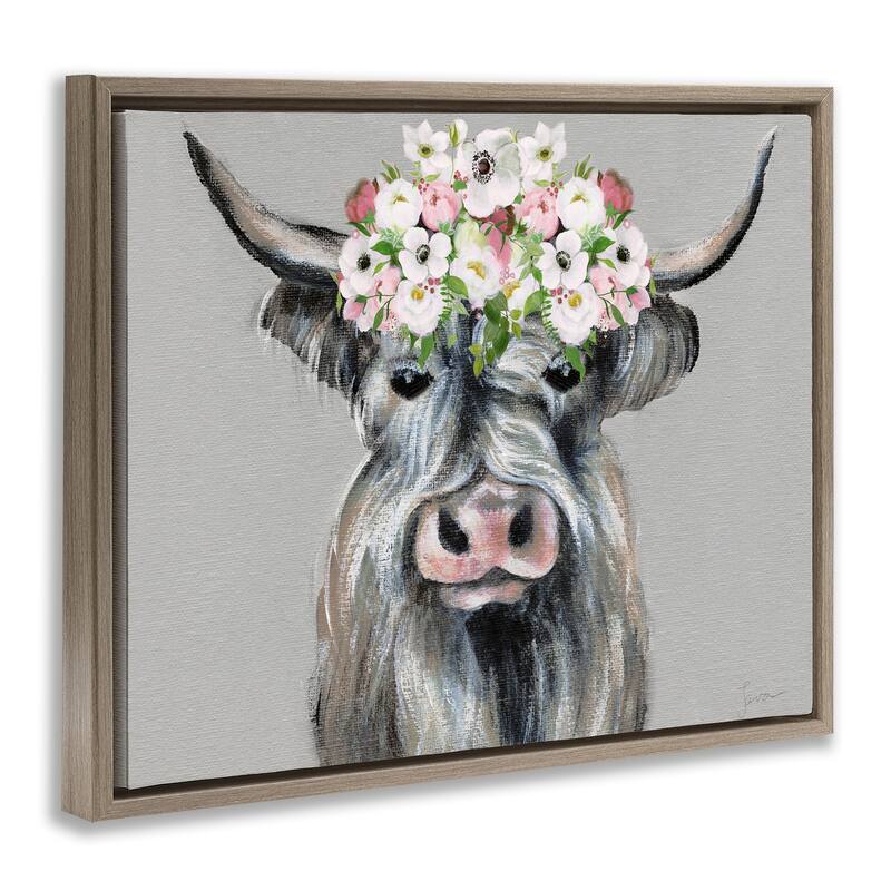 Stupell Shabby Chic Cattle with Garland Framed Floater Canvas Wall Art Design By Janet Tava