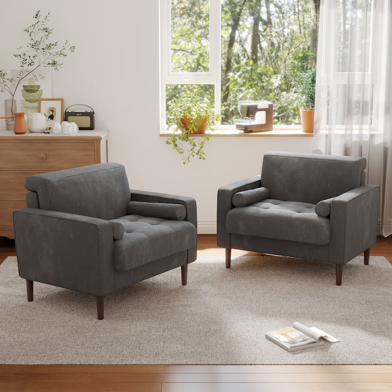 Corduroy Upholstered Accent Chair with Bolster Pillows Set of 2 - GRAY