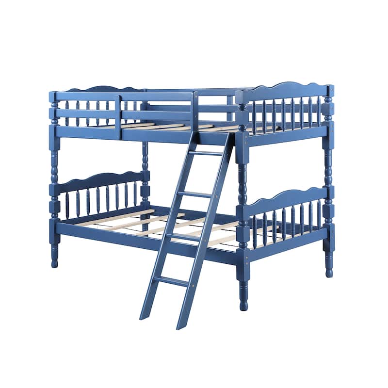 Dark Blue Twin over Twin Size Solid Wood Bunk Bed with Ladder and Fence for Kids, Bedroom