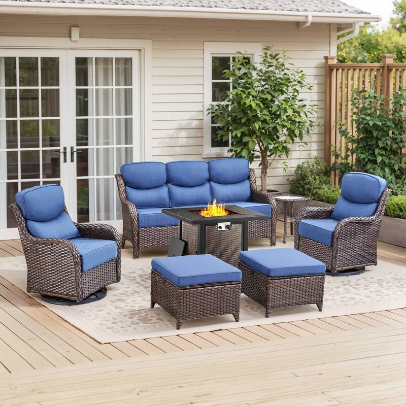 Pocassy 6/7PCS Patio Sofa Swivel Chair with 30" Fire Pit Tab;e - 7-Piece Sofa Siwvel Chair Ottoman w/ Fire Table - Blue Cushion Brown Wicker