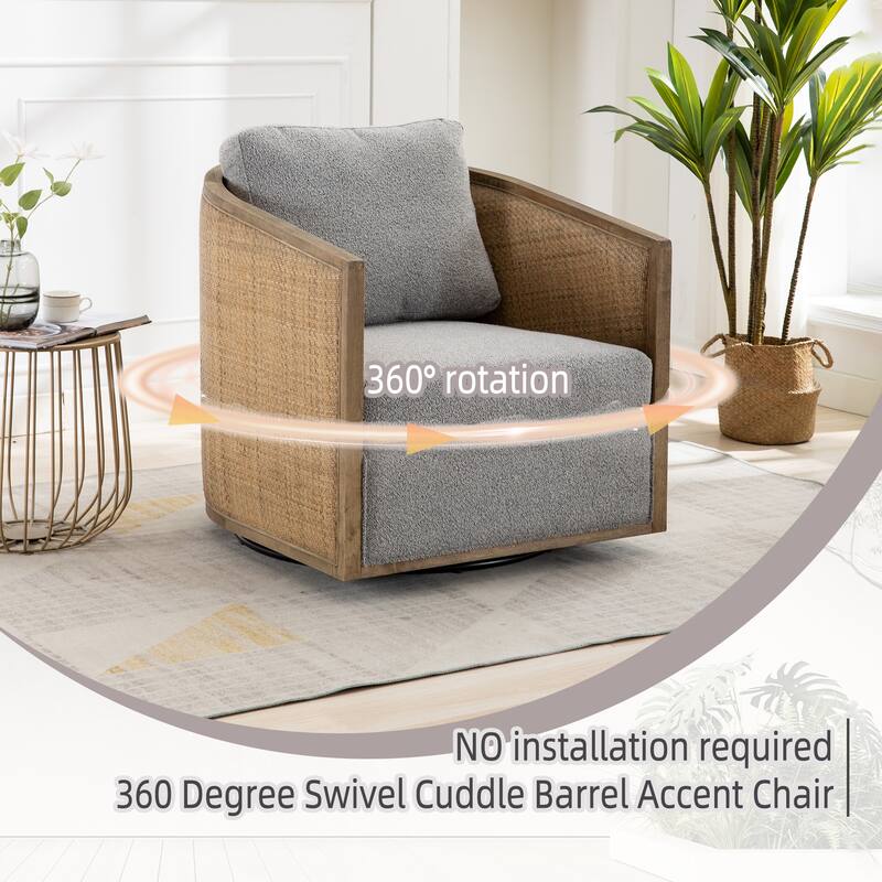 Boucle Upholstered Swivel Barrel Chair, Comfy Round Accent Sofa Chair, High Back Club Chair with Rattan Armrests
