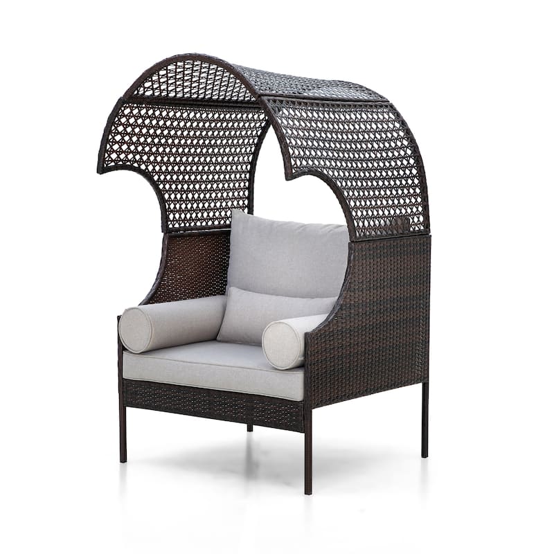Single Rattan Sofa with Top Canopy, Elegant Wicker Couch for Outdoor - Brown