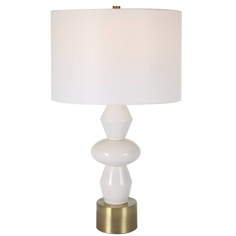 Glossy Ceramic Table Lamp with Drum Shade - 29" - White and Brass Tone
