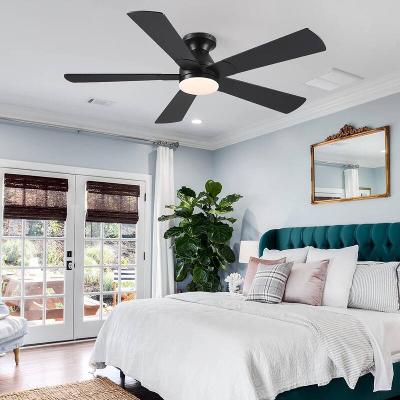52 Inch Flush Mount Ceiling Fan with Light and Remote 5 Plywood Blades for Living Room Bedroom Patio - 52 Inches