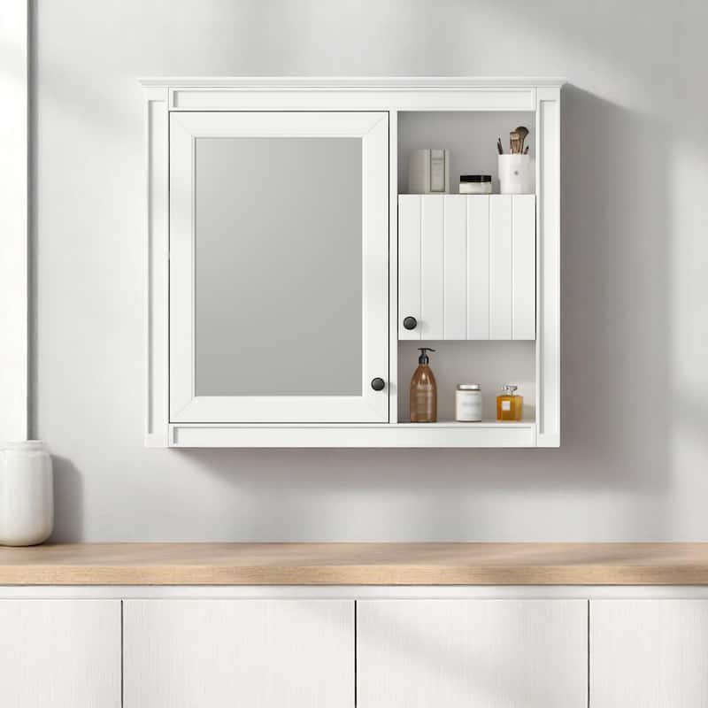 32" Bathroom Storage Cabinet with Mirror Door, Wall-Mounted with 3 Adjustable Shelves - White