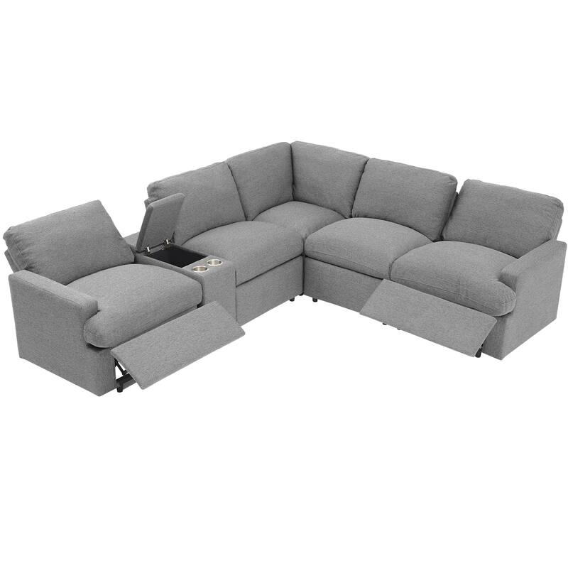 104" Linen Recliner Sectional Sofa (4-Seater) with Storage, USB & Cup Holders